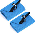 Mile High Life Tri-fold Golf Towel | 16" X 24" | Premium Microfiber Fabric | Waffle Pattern | with Heavy Duty Carabiner Clip | for Men and Women (2 Pack Blue)