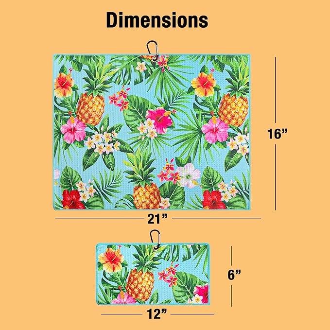 Microfiber Golf Towels for Golf Bags & Carts - Premium Weave Waffle & Ball Towels with Carabiner Clip, Essential Accessories for Men, Women and Kids, Golfer Gifts, Set of 2 (Pineapple Tropics)