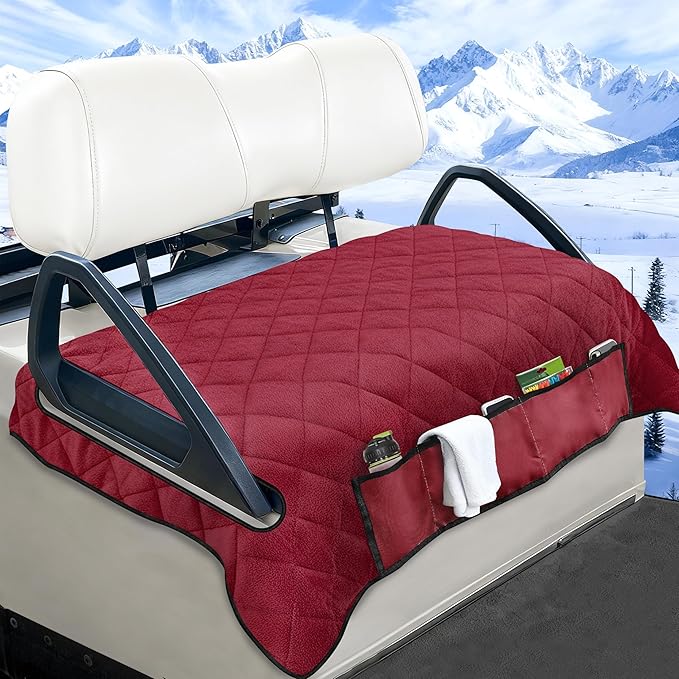 YOKYHOM Golf Cart Seat Covers with 4 Front Pockets, Thick and Non-Slip Golf Cart Seat Towel Blanket, Fits for EZGO, Yamaha, Club Car and More 2 Seats Golf Carts, Red