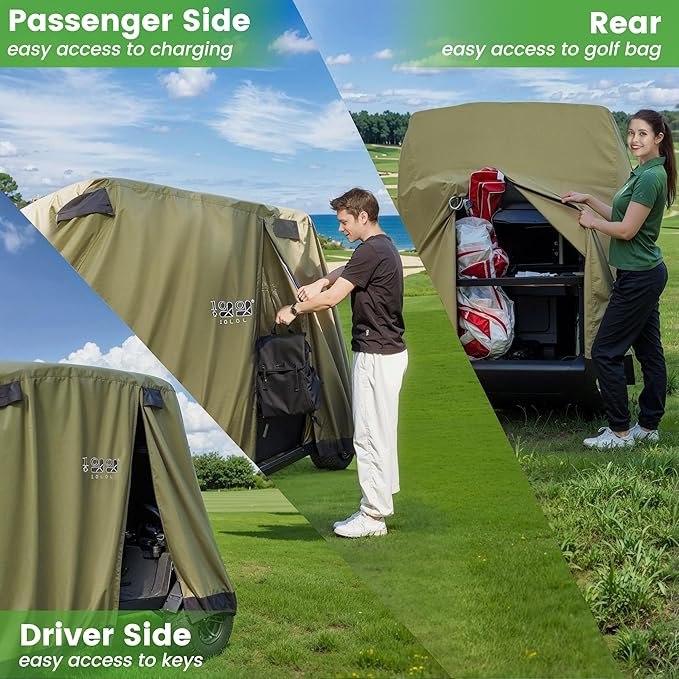 10L0L Golf Cart Cover 2/4/4+2 Passenger for Yamaha EZGO Club Car, Heavy Duty 420D Waterproof Windproof Durable Polyester Golf Cart Cover with 3 Zipper Doors for All-Weather Protection (Black/Silver)