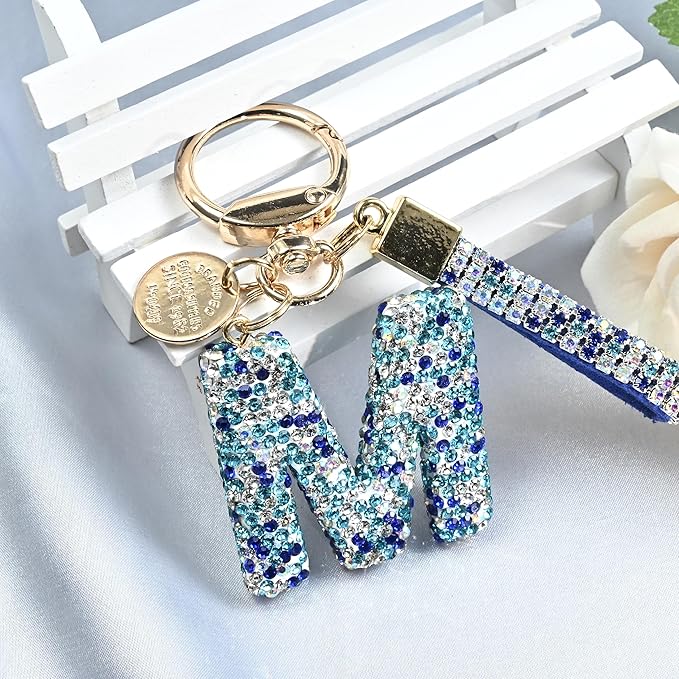 Pink Blue White Initial Letter Keychain Gift for Women Girls Bling Sparkly Cute Backpack Car Key Accessories Lanyard