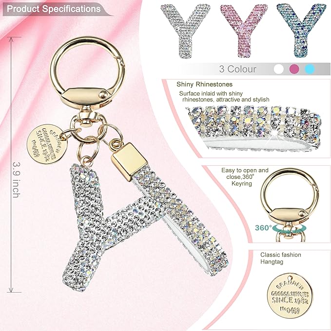 Pink Blue White Initial Letter Keychain Gift for Women Girls Bling Sparkly Cute Backpack Car Key Accessories Lanyard