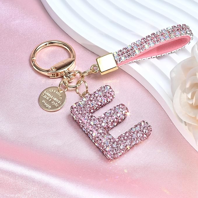 Pink Blue White Initial Letter Keychain Gift for Women Girls Bling Sparkly Cute Backpack Car Key Accessories Lanyard