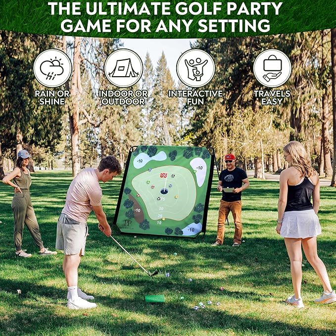 Sticky Golf Chipping Game Set - 6x6 ft Metal Frame Option with Adjustable Clubs, 25 Sticky Balls, Turf Chipping Mat & Scoreboard - Backyard Golf Target Game for All Ages for Indoor/Outdoor Practice