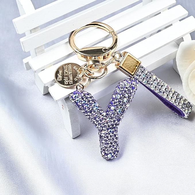 Pink Blue White Initial Letter Keychain Gift for Women Girls Bling Sparkly Cute Backpack Car Key Accessories Lanyard