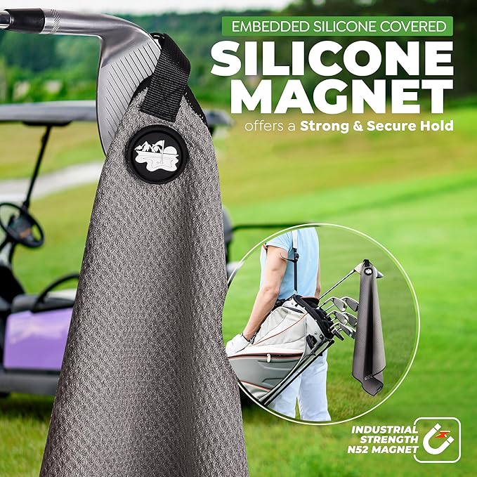 Golf'N Microfiber Towel - Magnetic Golf Towel Dark Gray 16" x 24" Golf Towels for Golf Bags with N52 Heavy Duty Magnets, Carabiner Clip & Cross Stitched Reinforced Loop, Premium Golf Accessories