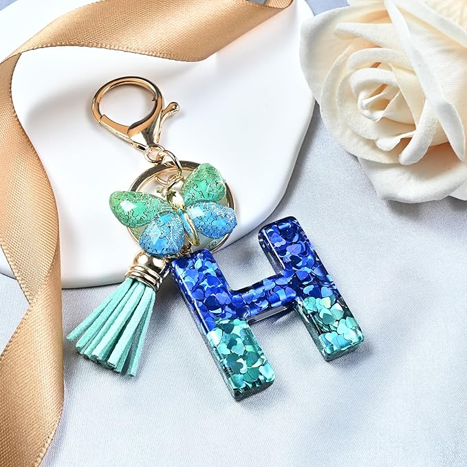 JINGUAZI Initial letter Keychains for Women Tassel Butterfly Pink Purple Cute Car Keychain for Wallet Backpack bag charm