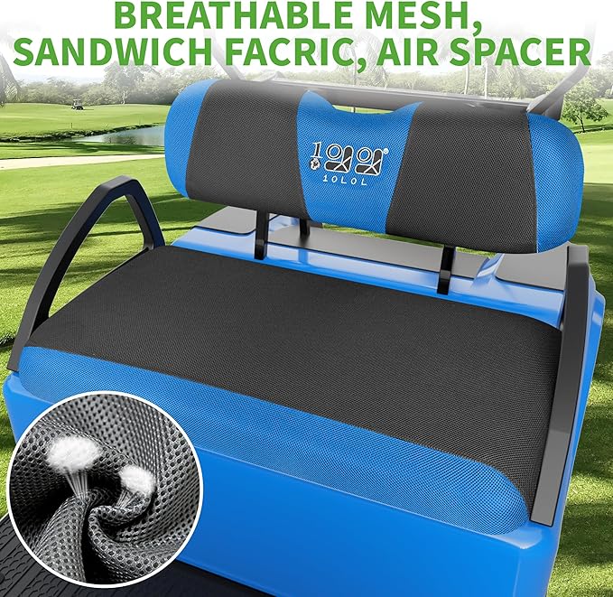 10L0L Golf Cart Seat Covers Kit - Universal Fit for EZGO TXT/RXV Front Seats | Breathable Mesh Fabric | Easy Installation | Black & Blue (No Staples Required)