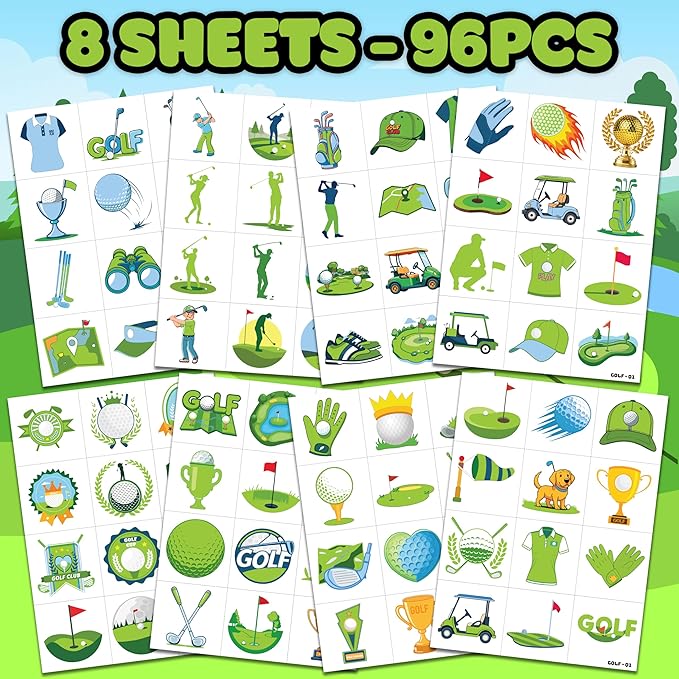96 PCS Golf Sport Pre-Cut Temporary Tattoos | Super Cute Themed Birthday Party Favors, Supplies, Decorations, Green Sport Fake Tattoo Stickers (Multiple)