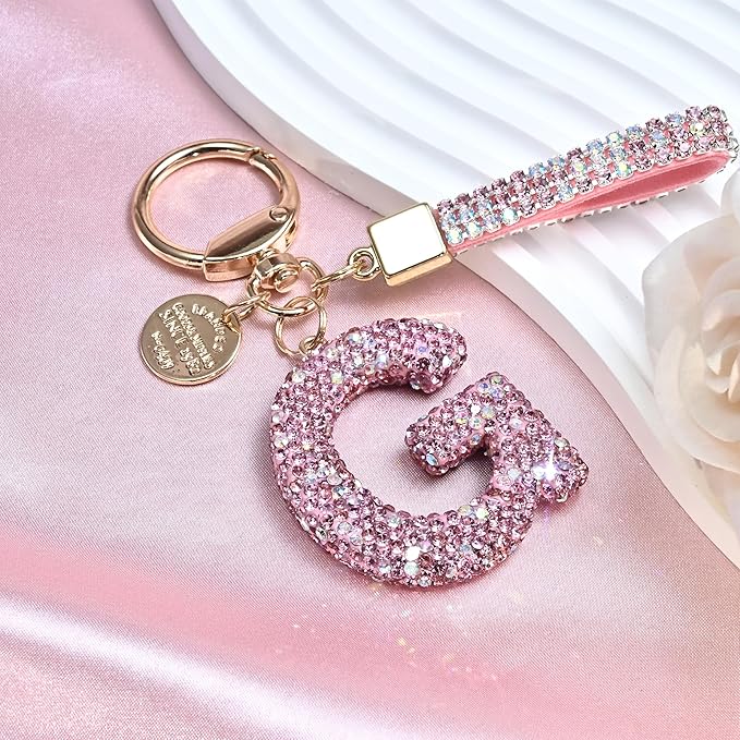 Pink Blue White Initial Letter Keychain Gift for Women Girls Bling Sparkly Cute Backpack Car Key Accessories Lanyard