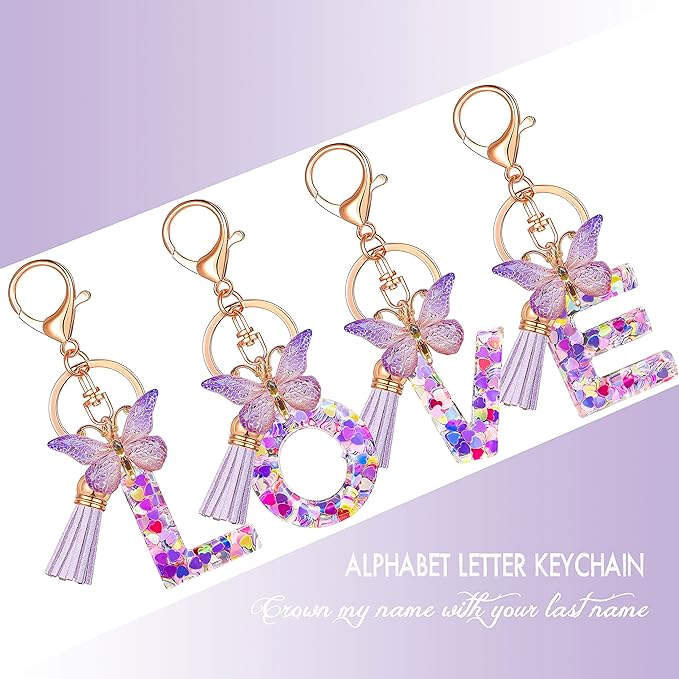 JINGUAZI Initial letter Keychains for Women Tassel Butterfly Pink Purple Cute Car Keychain for Wallet Backpack bag charm