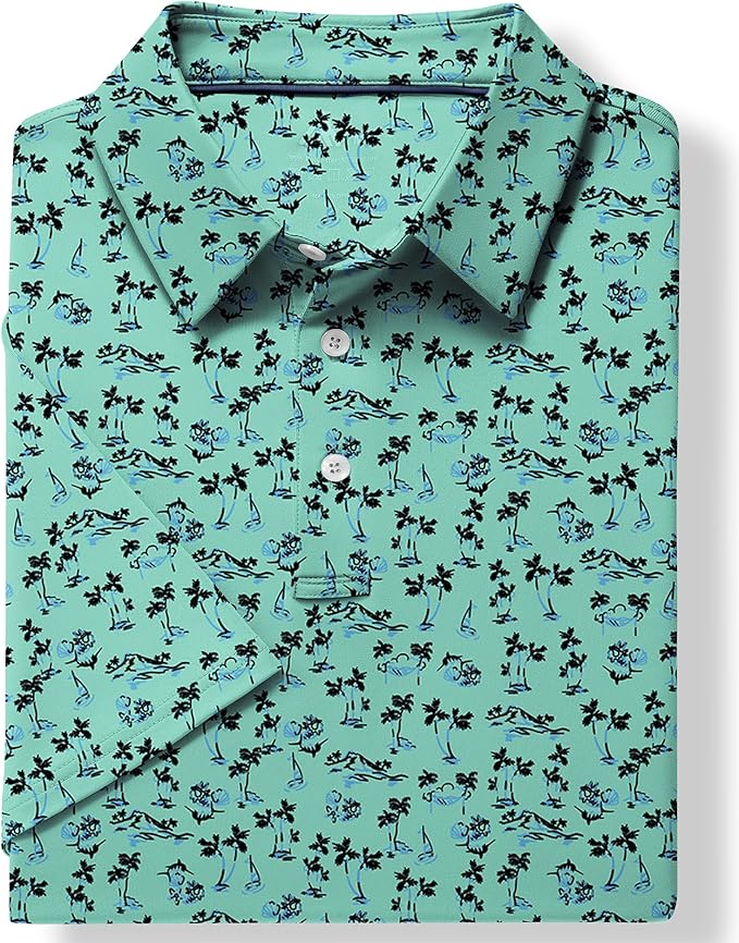 JACKETOWN Mens Polo Shirts Short Sleeve Print Dry Fit Performance Moisture Wicking Casual Collared Golf Shirts