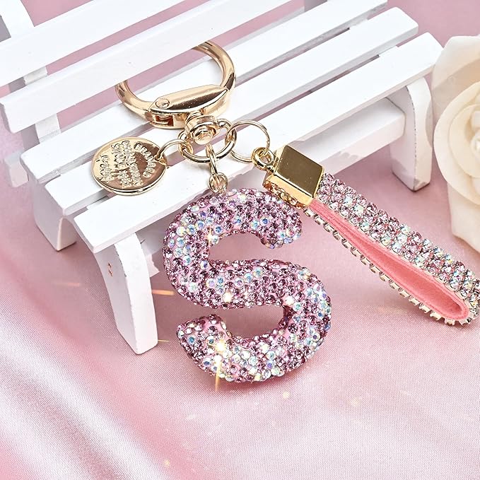 Pink Blue White Initial Letter Keychain Gift for Women Girls Bling Sparkly Cute Backpack Car Key Accessories Lanyard