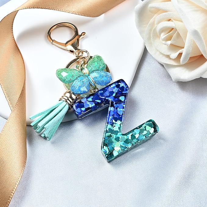 JINGUAZI Initial letter Keychains for Women Tassel Butterfly Pink Purple Cute Car Keychain for Wallet Backpack bag charm