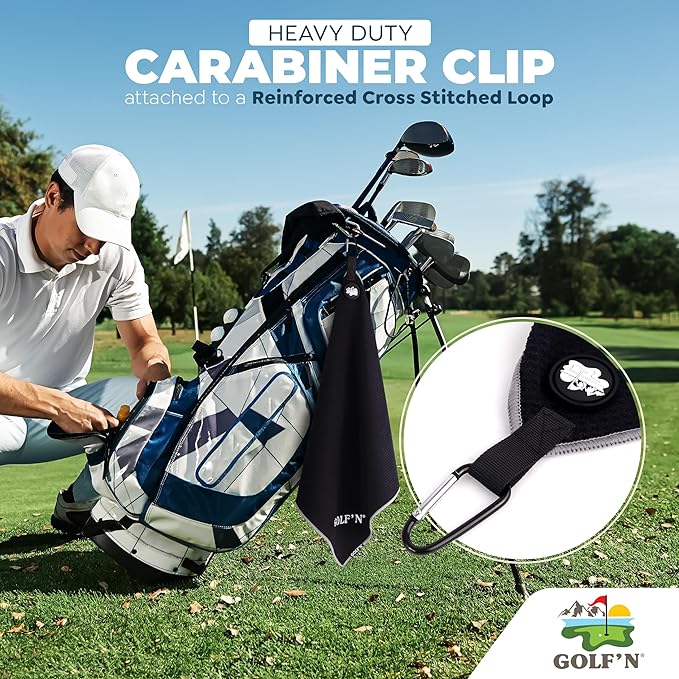 Golf'N Microfiber Towel - Magnetic Golf Towel Dark Gray 18" x 18" Golf Towels for Golf Bags with N52 Heavy Duty Magnets, Carabiner Clip & Cross Stitched Reinforced Loop, Premium Golf Accessories