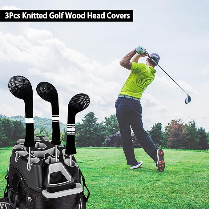 LeFeng 3Pcs Golf Club Covers, Knitted Golf Club Covers for 460cc Driver Fairway Woods and Hybrid