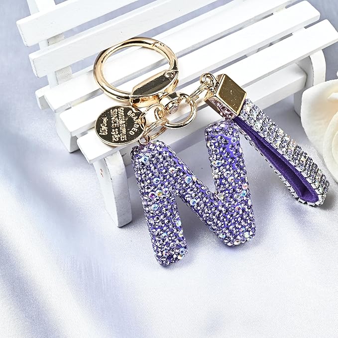 Pink Blue White Initial Letter Keychain Gift for Women Girls Bling Sparkly Cute Backpack Car Key Accessories Lanyard