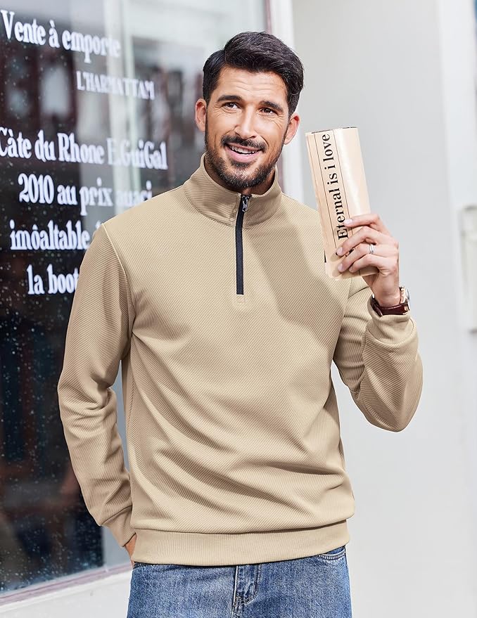 COOFANDY Mens Quarter Zip Pullover Sweatshirts Lightweight Long Sleeve Mock Neck Sweater Polo