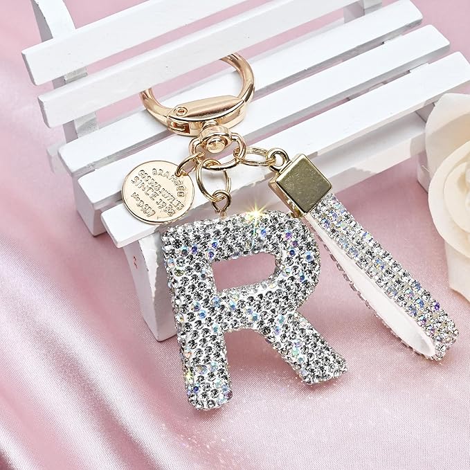Pink Blue White Initial Letter Keychain Gift for Women Girls Bling Sparkly Cute Backpack Car Key Accessories Lanyard