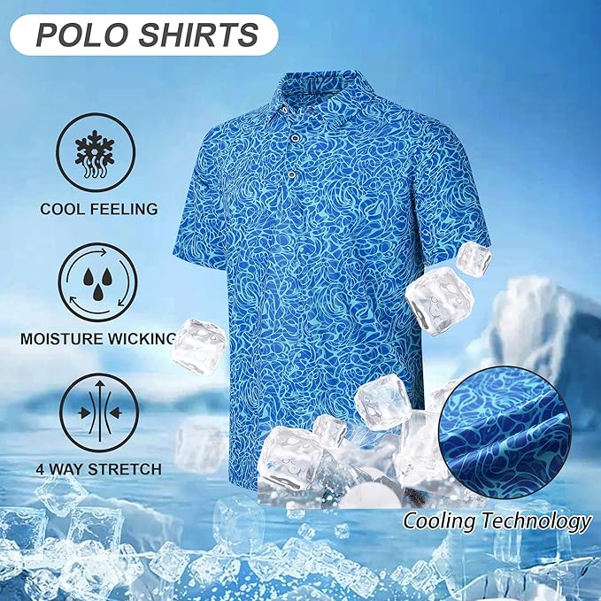 Esabel.C Golf Shirts for Men Dry Fit Performance Short Sleeve Print Moisture Wicking Collared Shirt
