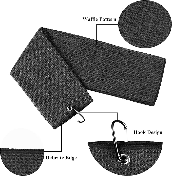 VIVIDLY 2 Pack 16" x 24" Tri-fold Golf Towels, Premium Microfiber Fabric Waffle Pattern with Black Heavy Duty Carabiner Clip, Golf Towels for Golf Bags for Men (Black)