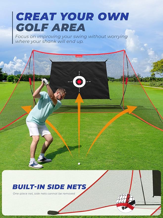 10x7ft Golf Hitting Net with Built in Side Barriers, Heavy Duty Practice Net for Driving Swing Chipping Home Simulator Training, Portable Training Aid with Carry Bag