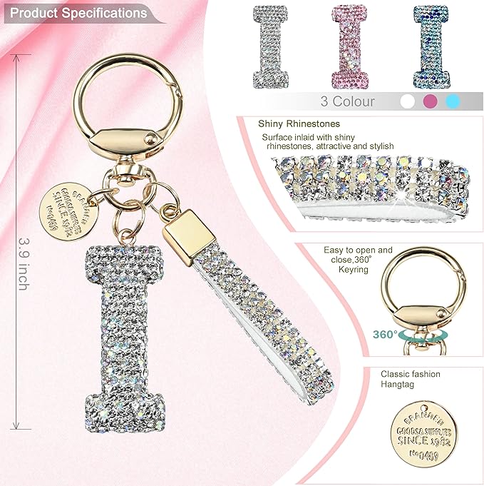 Pink Blue White Initial Letter Keychain Gift for Women Girls Bling Sparkly Cute Backpack Car Key Accessories Lanyard