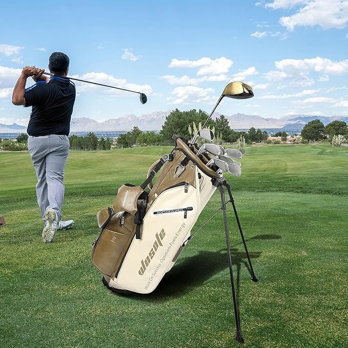 Lightweight 14-Way Golf Stand Bag, PU Leather Golf Bag Waterproof Men Women Full Length Top Dividers, Multiple 8 Pockets Cooler Pouch Adjustable Detachable Shoulder Dual Straps Rain Cover Hood