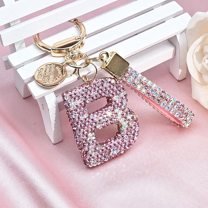 Pink Blue White Initial Letter Keychain Gift for Women Girls Bling Sparkly Cute Backpack Car Key Accessories Lanyard