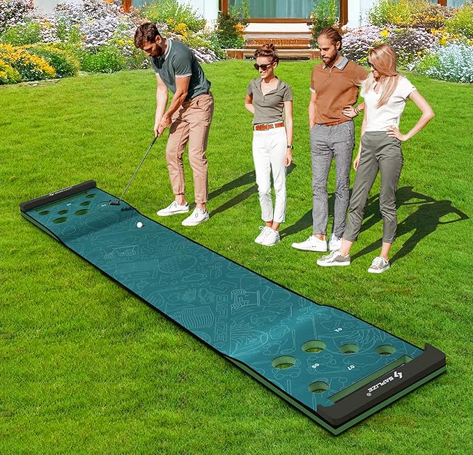 SAPLIZE Golf Putting Mat/Putting Green Mat - Adjustable Slope, Trajectory Tracking, Automatic Ball Return & Pong Game Modes |Portable Practice Green for Home, Office, Indoor & Outdoor