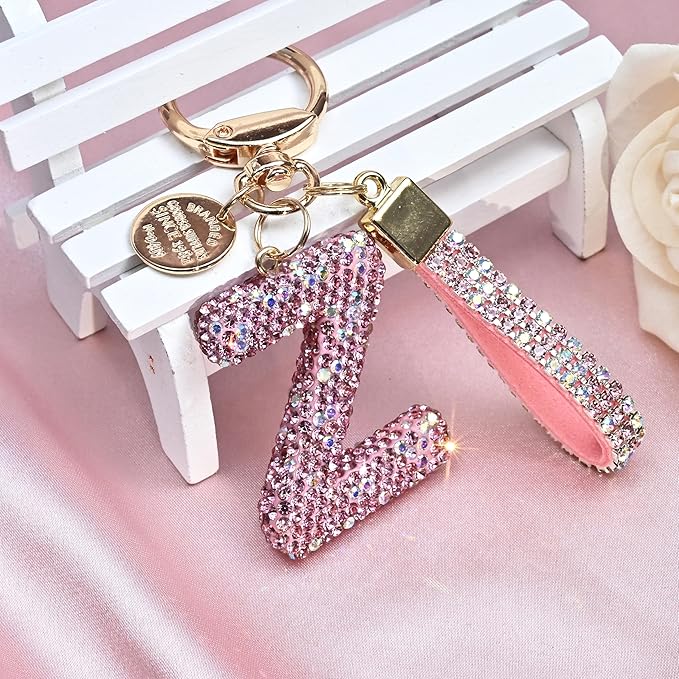 Pink Blue White Initial Letter Keychain Gift for Women Girls Bling Sparkly Cute Backpack Car Key Accessories Lanyard