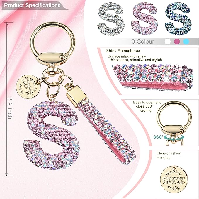 Pink Blue White Initial Letter Keychain Gift for Women Girls Bling Sparkly Cute Backpack Car Key Accessories Lanyard