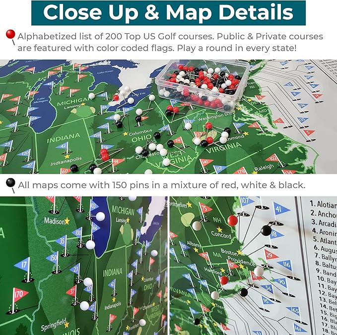 Push Pin Travel Maps Customizable Wall Art - Top Golf Courses USA Map - Rustic Brown - Personalized Framed Pin Map, Includes 150 Pins - Handcrafted in USA - 27.5" x 39.5"