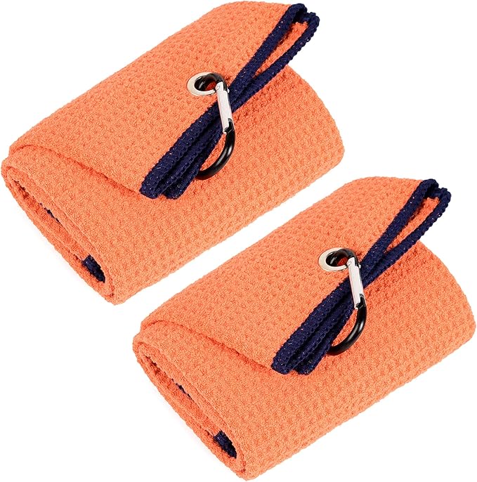 Mile High Life Tri-fold Golf Towel | Premium Microfiber Fabric | Waffle Pattern | with Heavy Duty Carabiner Clip | Golf Towel for Men and Women (2 Pack Orange)