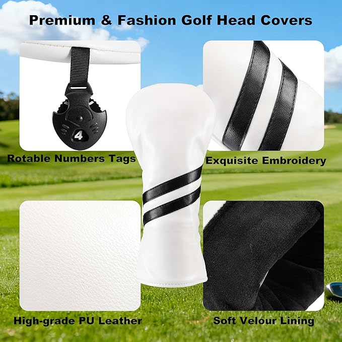 Golf Club Head Covers, 3pcs Golf Headcovers for Woods and Driver Fairway Hybrids, Premium PU Leather Club Headcovers Set with Interchangeable Tag for Men Women
