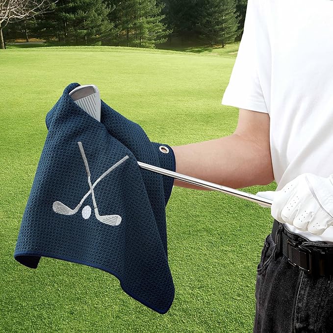 Embroidered Golf Towel Set – Custom Towels for Golf Bags & Carts – Golf Accessories & Gifts for Kids, Men, & Women – Microfiber Waffle and Ball Towels – Club Ball Design - 2-Pack