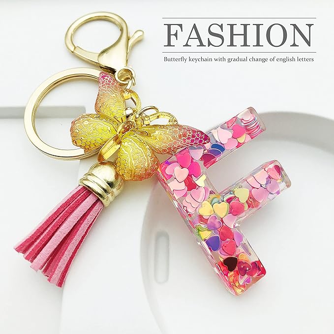 JINGUAZI Initial letter Keychains for Women Tassel Butterfly Pink Purple Cute Car Keychain for Wallet Backpack bag charm