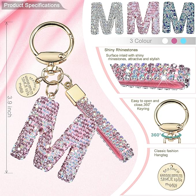 Pink Blue White Initial Letter Keychain Gift for Women Girls Bling Sparkly Cute Backpack Car Key Accessories Lanyard