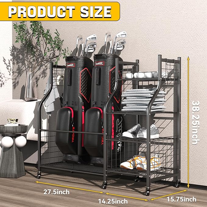 Ultrawall Golf Storage Organizer, Golf Bag Storage Stand for Garage, Golf Equipment Rack with Wheels Fits 2 Golf Bags and Golf Equipment Accessories