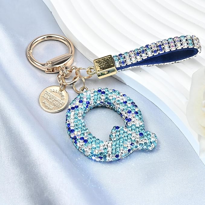 Pink Blue White Initial Letter Keychain Gift for Women Girls Bling Sparkly Cute Backpack Car Key Accessories Lanyard