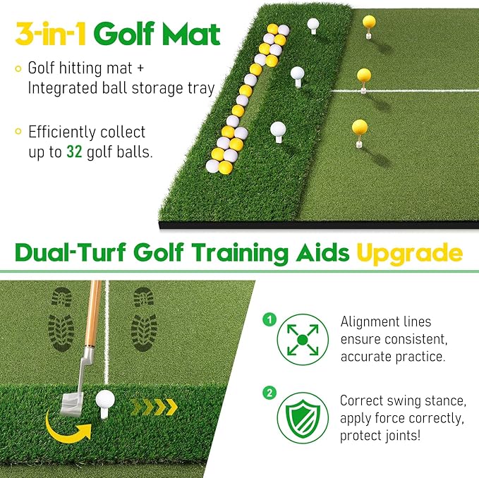 Premium Dual-Turf Golf Mat with Ball Tray, 5x4 FT Golf Hitting Mats Practice Outdoor Indoor Equipment with 10 Balls, 9 Golf Tees, Aid Training Swing Chipping Mat, Gifts for Men,Boy,Golfers
