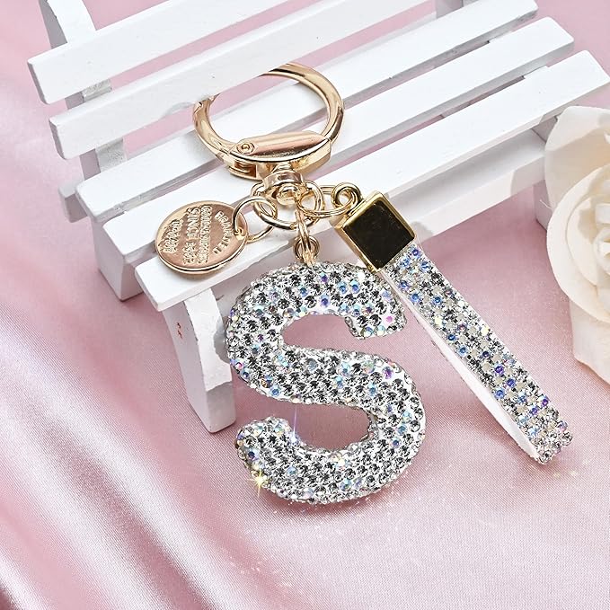 Pink Blue White Initial Letter Keychain Gift for Women Girls Bling Sparkly Cute Backpack Car Key Accessories Lanyard