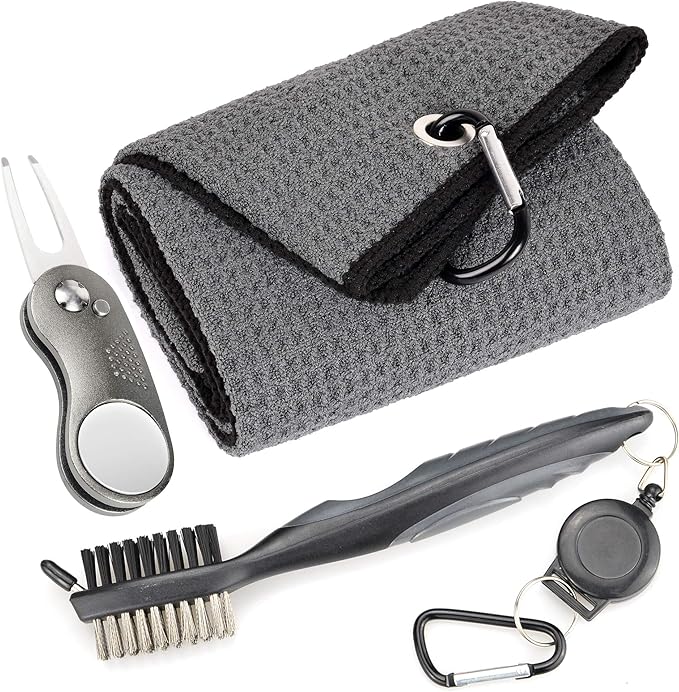 Mile High Life Microfiber Waffle Pattern Golf Towel | Club Groove Cleaner Brush | Foldable Divot Tool with Magnetic Ball Marker (Dark Gray Towel/Brush/Curve Divot)