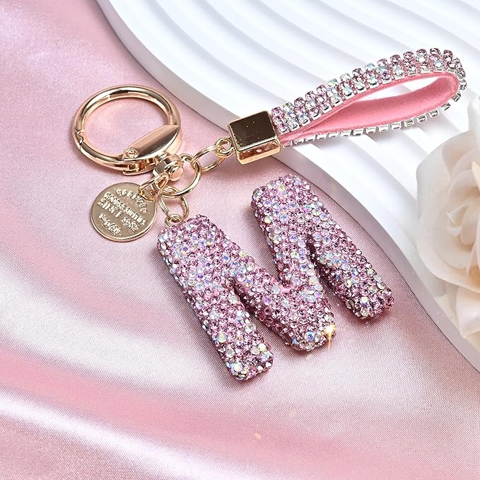 Pink Blue White Initial Letter Keychain Gift for Women Girls Bling Sparkly Cute Backpack Car Key Accessories Lanyard