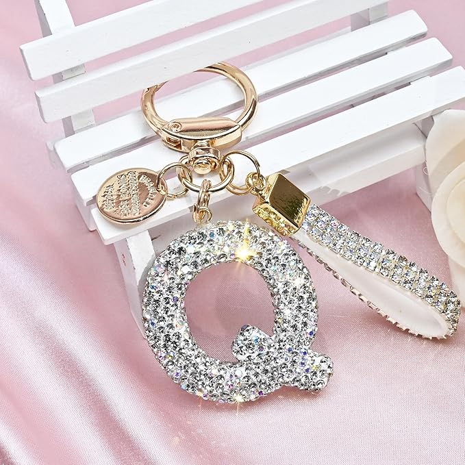 Pink Blue White Initial Letter Keychain Gift for Women Girls Bling Sparkly Cute Backpack Car Key Accessories Lanyard