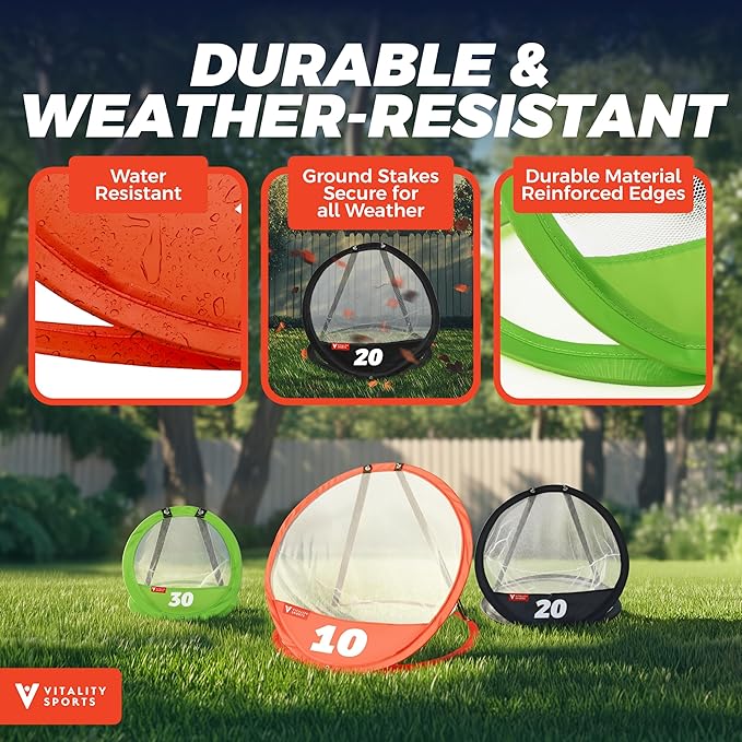 Vitality Sports Golf Chipping Net, 3PCS Pop-Up Golf Practice Net for Backyard, Indoor Outdoor Chipping Game with 3 Targets, 1 Hitting Mat, 20 Balls, Tee Box