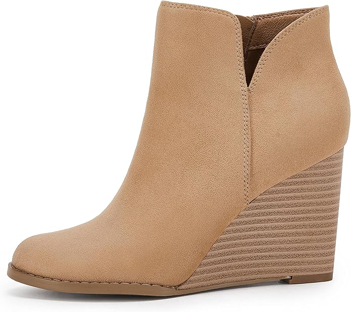 LAICIGO Womens V Cut Wedge Ankle Booties Zip-up Closed Toe Stacked Heel Faux Suede Winter Boots