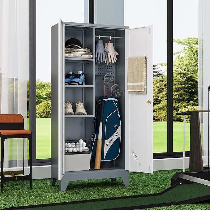 Metal Golf Bag Storage Cabinet, Golf Storage Organizer for Garage, Golf Bag Stand Rack with Locking Doors, Golf Club Organizer for Bag, Shoes, Golfing Accessories, Sports Equipment