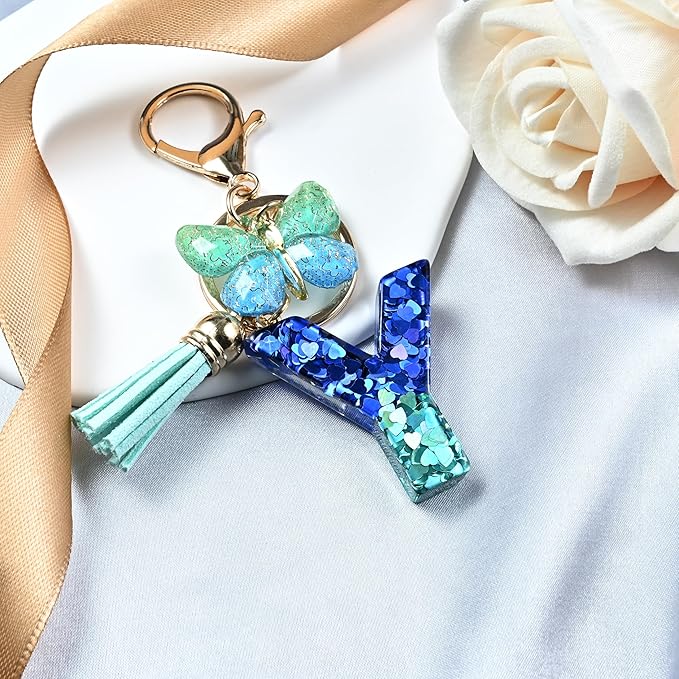 JINGUAZI Initial letter Keychains for Women Tassel Butterfly Pink Purple Cute Car Keychain for Wallet Backpack bag charm