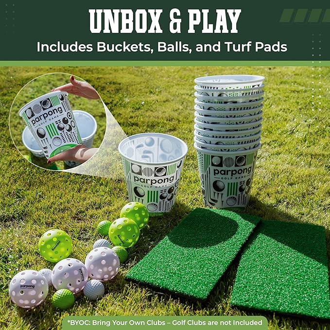 Par Pong Backyard Golf Chipping Game – Outdoor Golf Game with 12 Buckets, 2 Hitting Mats & Golf Balls – for Adults, Tailgating, BBQ, Parties & Gifts for Golfers.
